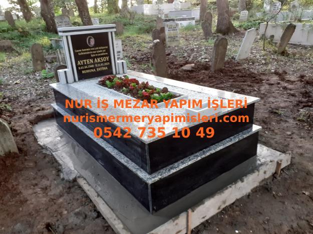 Antalya Tek Kişilik Baştaşı Sütunlu Gri Siyah Granit Mezar