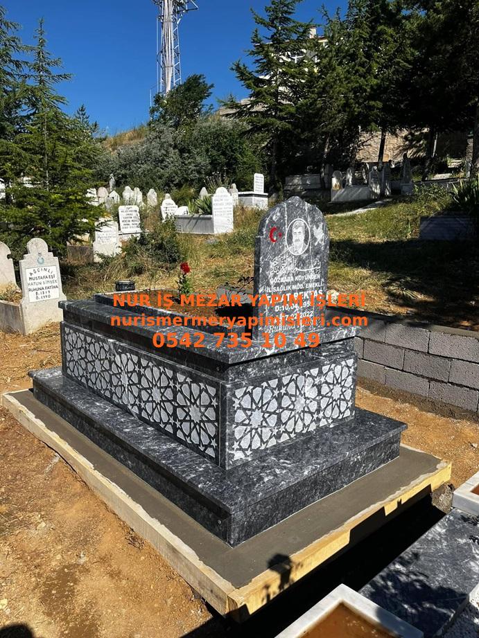 Çanakkale Tek Kişilik Komple Desenli Siyah Mermer Mezar