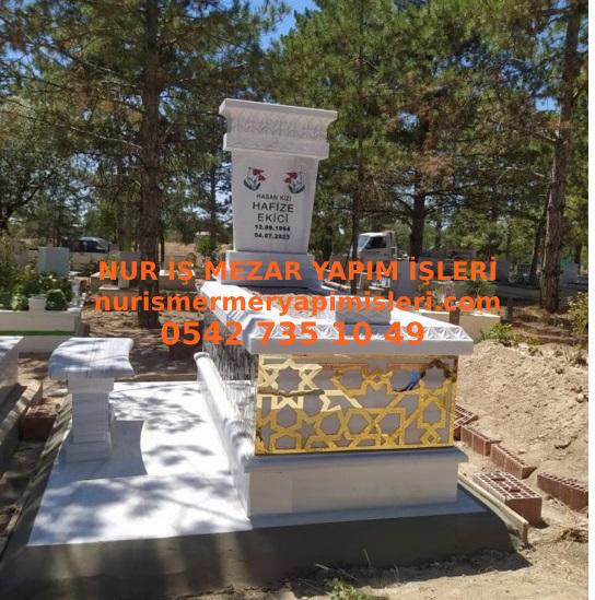 Altın Varaklı Tek Kişilik İşlemeli Mermer Mezar Modeli