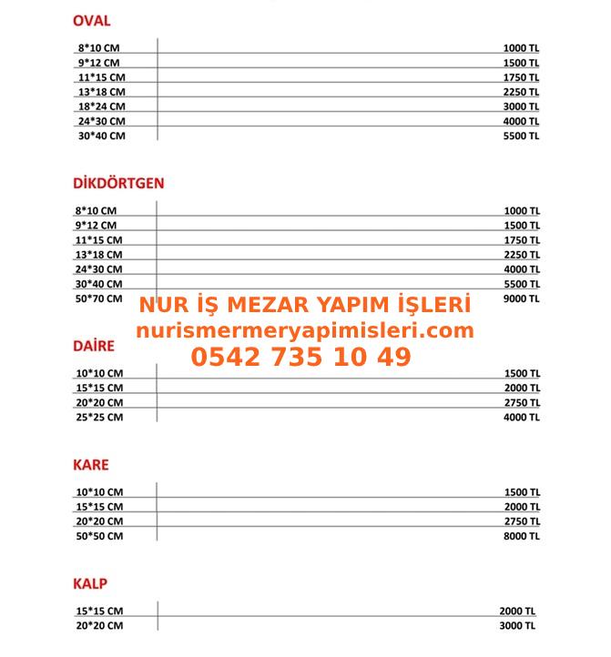 Mezar Taşına Porselen Resim Fiyat Listemiz